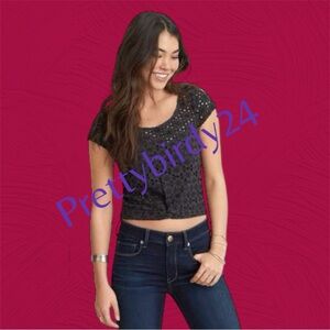 Retro AEO Galaxy Gray Eyelet Floral Crop Blouse